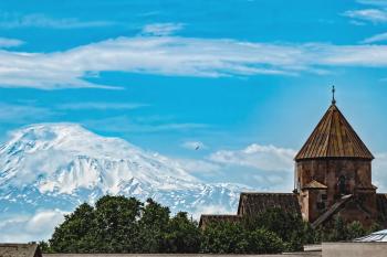 Mt. Ararat, as seen from near the Etchmiadzin Cathedral in Armenia.