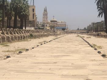 Restoration is in process on a once-buried road from Luxor Temple, within the city of Luxor, to the Temple of Karnak, north of Luxor. Originally, the whole route was lined with sphinxes, some with human heads, some with rams' heads. Photo by Norman Dailey