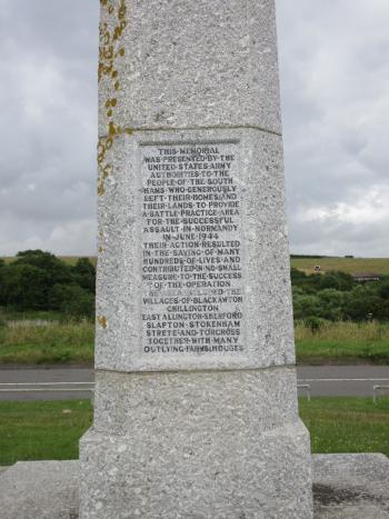 A memorial erected by the US Army at Slapton Sands, Devon, England, thanking those who were temporarily dispossessed of homes and farms for D-Day rehearsals.