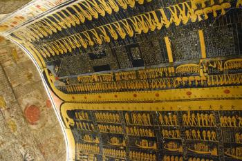 In the final chamber of Pharaoh Seti I’s tomb is a huge, barrel-vaulted ceiling showing the goddess Nut as she swallows the sun, which is shown passing through her wildly elongated body.