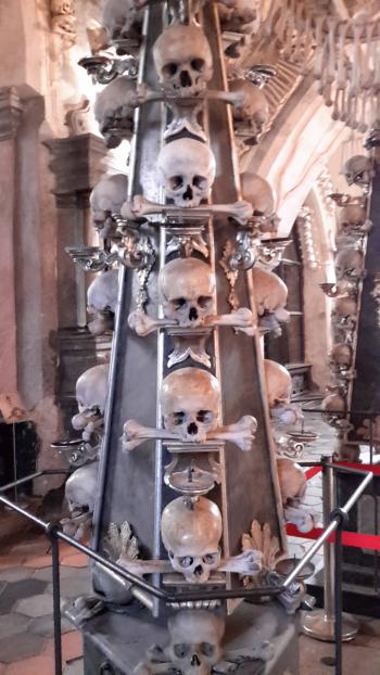 A display inside the Sedlec Ossuary, located in a suburb of Kutná Hora.