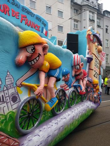 The Tour de France-themed Rosenmontag parade float on which I rode. 