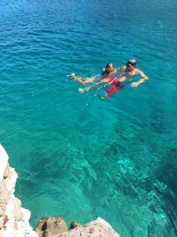 Our son, Will, and granddaughter, Cherise, enjoy the gorgeous water at Kokkala, Mani Peninsula, Greece.