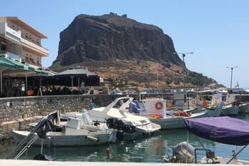 Monemvasia is on an island mostly comprised of a steep rock.