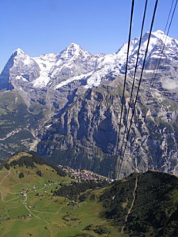View of Mürren, far below, from the cable car to the Schilthorn summit and the revolving restaurant. Photo by Emily Moore