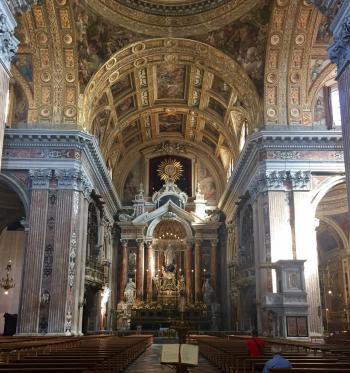 The six chapels of the church of Gesù Nuovo are laden with intricately painted and carved domes, pillars and walls.
