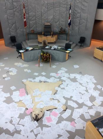 Floor of the Northwest Territories Legislative Hall after the session’s last day. (Note bear rug.)