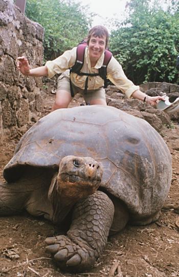 Nili with a tortoise in the Galápagos Islands. Photo by Jerry Vetowich