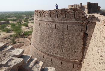 The massive wall of Derawar Fort, located in the Cholistan Desert. 