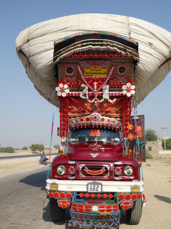 One of the many ornately decorated trucks seen on the roads of Pakistan.