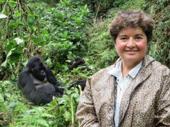 Esther posing in front of a 400-pound silverback.
