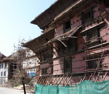Quake-damaged buildings under repair in Durbar Square, Kathmandu.