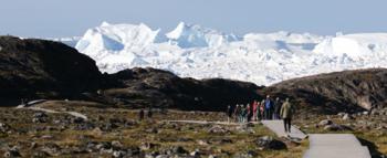 Approaching the Ilulissat Icefjord's viewpoint on the boardwalk.