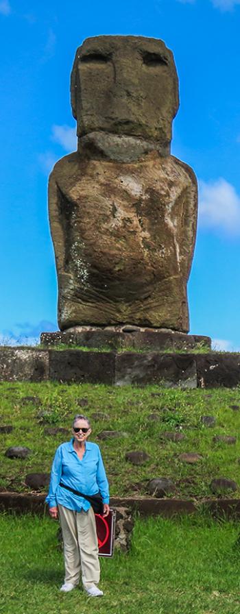 I almost didn’t send this photo because of the extremely short haircut I got on the ship. However, this shot shows the incredible size of this moai on Easter Island. (To make the details stand out, my friend brightened the photo and the contrast. Trust me, the grass was not this green!) I was there in February 2020.