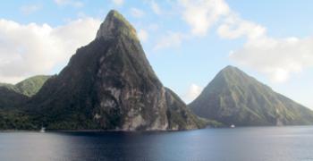 The Pitons, twin volcanic mountain peaks in Saint Lucia.