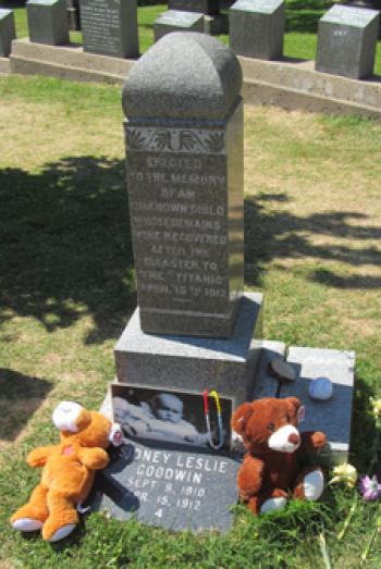 Grave marker for one of the <i>Titanic</i>’s youngest victims, Sidney Goodwin.