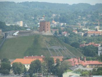Gediminas Tower on the hill above the Palace of the Grand Dukes of Lithuania.