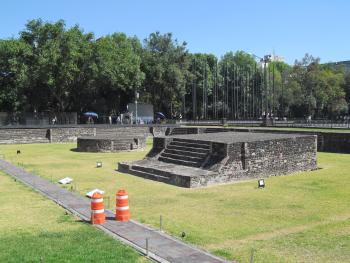 View of the Tlatelolco archaeological zone showing remnants of staircases and temple bases — Mexico City.