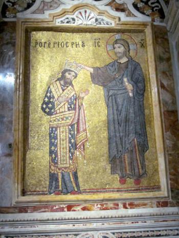 Mosaic of Roger II receiving his crown from Christ — La Martorana, Palermo, Sicily.
