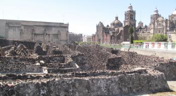 Ruins of the Templo Mayor, with the Metropolitan Cathedral in the background.