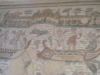 Detail from a mosaic in the Room of the Cherub Fishermen — Villa Romana del Casale, Sicily. 