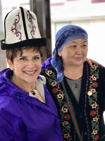A Kyrgyz woman introduced me to the local hat design in Tokmok City, Bishkek, Kyrgyzstan.