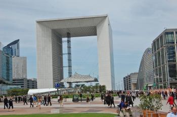 The centerpiece of Paris’ La Defense district (nicknamed “le petit Manhattan”) is this grand arch, a 38-story office building. Photo by Rick Steves