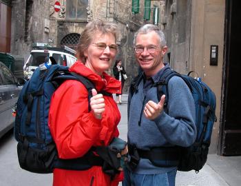 Some people, including me, prefer to travel with a soft backpack bag. They weigh less, can be jammed into virtually any airplane overhead bin and leave you with both hands free while you’re on the move. Photo by Rick Steves