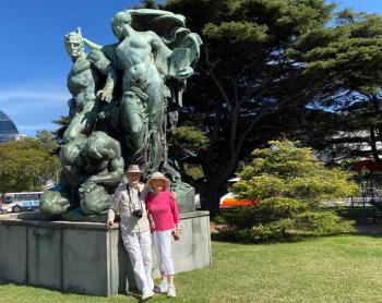 Don and Lili Tremblay in a parliamentary park in Montevideo, Uruguay. The statuary symbolizes the foundation of Uruguay.