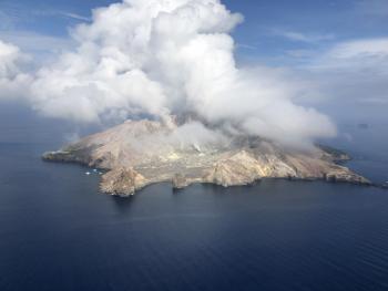 View from a helicopter of New Zealand’s White Island.