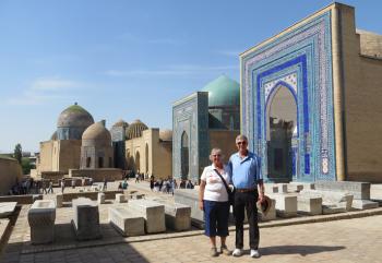 Margaret and Bob Zimmerman at Shah-i-Zinda Necropolis in Samarkand, Uzbekistan, on April 26, 2017. Photo by Jeff Garrett