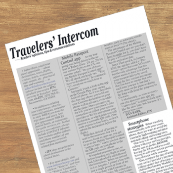Photo of the page of International Travel Magazine featuring the Smartphone Strategies article in the Travelers' Intercom section