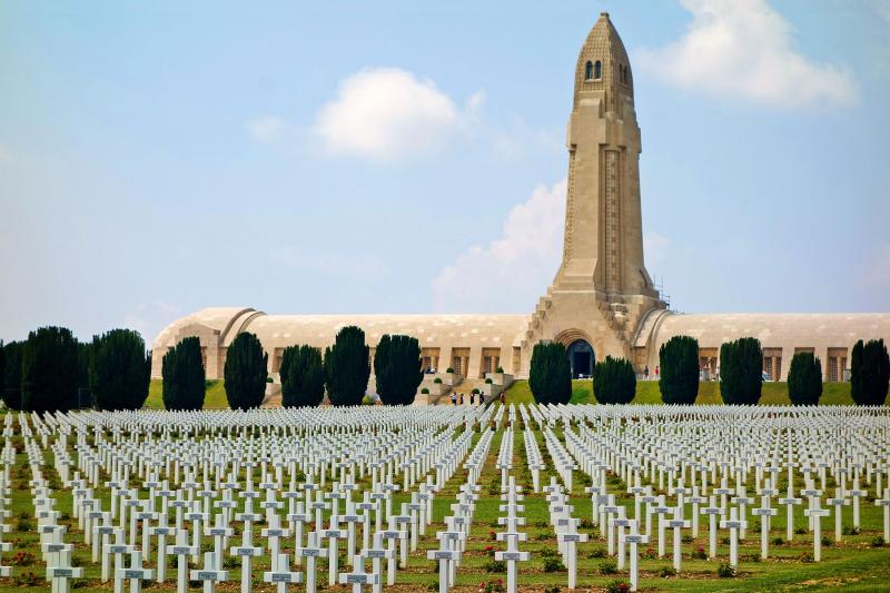 The Douaumont Ossuary holds the remains of more than 130,000 unknown French and German soldiers from the WWI battle in Verdun, France.