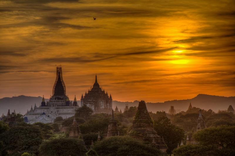 Temples of Bagan near sunset.