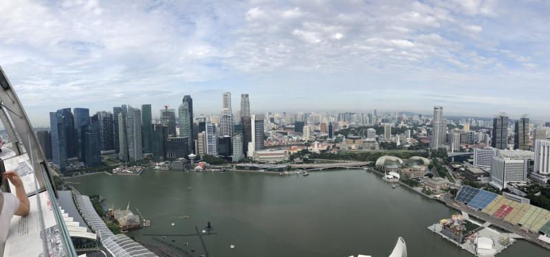 Singapore skyline as seen from the rooftop of the Marina Bay Sands hotel.