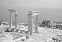 The Hellenistic portico on the summit of the Acropolis of Lindos, Greece.