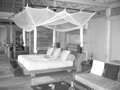 The bedroom and bathroom at Jao Camp, on an island near Kwetsani Camp. The bedroom alone is almost 1,000 square feet.