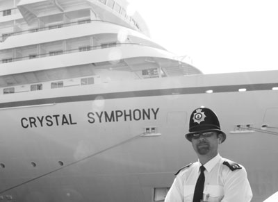 An imposing “bobby” watches over the Crystal Symphony in Gibraltar.