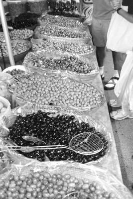 Olives are a big item in the Department of the Var, as olive trees flourish in the moderate Mediterranean climate. Here, over 20 varieties are offered at a village market.