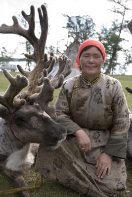 The Tsaatan, or “reindeer people,” sometimes bring their herds down from the northern forests to graze at Lake Hovsgol during the summer.