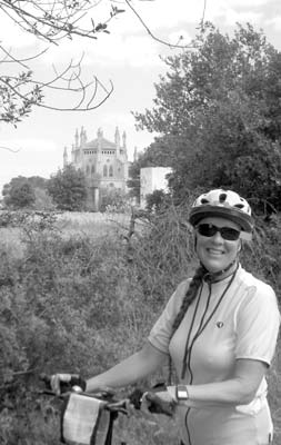 Ann Abeles passes a picturesque church in the countryside near Banda Azul, Mallorca.