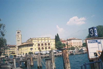 Waterfront hotels surround the ferry dock at Riva del Garda, at the northern tip of the lake.