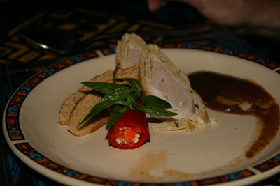 The ostrich-and-guinea-fowl dish at The Boma, Victoria Falls. Photos: Koehler