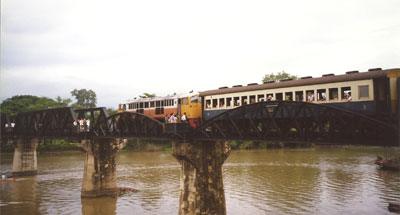 Train crossing steel bridge over River Kwai in 1998. Photo: McMahon