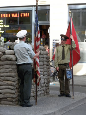 Representing American and Soviet guards at Checkpoint Charlie, Berlin.