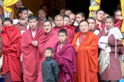 A group of monks watching the festivities at the annual Trongsa Festival.