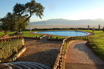 The swimming pool at Ngorongoro Sopa Lodge overlooks the crater.