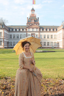 Posing in front of Philippsruhe Palace and dressed in period costume, our guide Nina Schneider portrayed Rose Dorothy, second mistress of William IX — Hanau, Germany. 