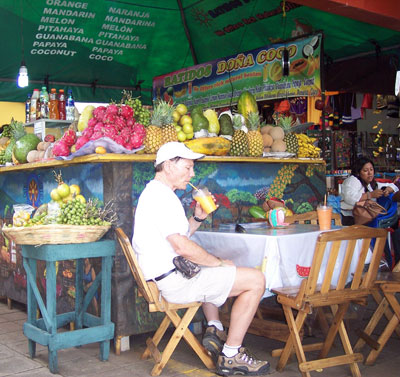 Randy enjoying a tropical fruit smoothie at the handicraft market in Masaya.