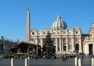 The annual tree lighting in front of St. Peter’s Basilica takes place in mid-December, but the life-size Nativity is not unveiled until Christmas Eve.